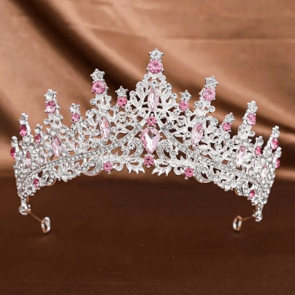 Wicked Silk Prom, Quinceanera Jeweled Crown Tiara Headband - Silver Pink